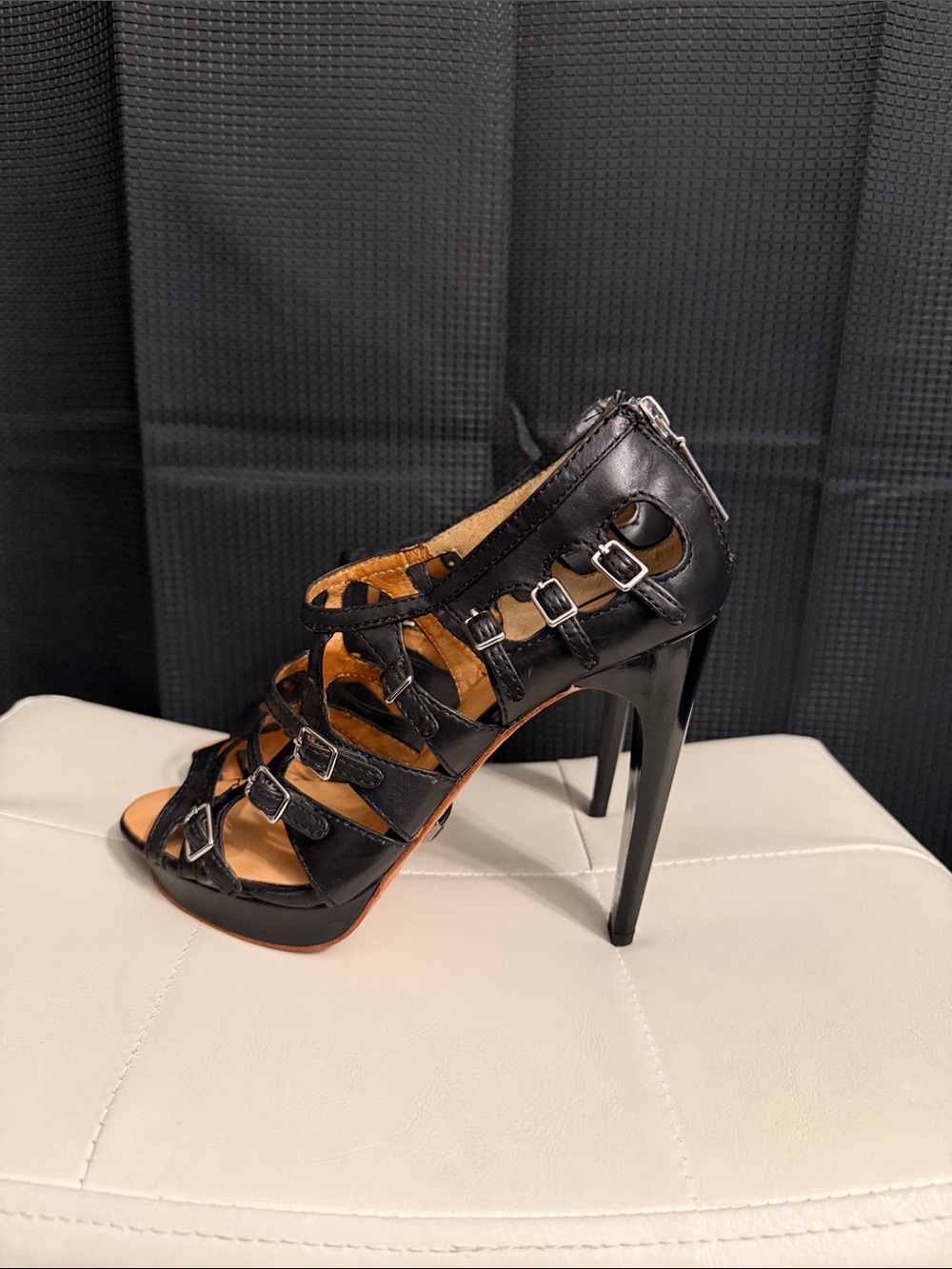 L.A.M.B. Y2K Black Caged Platform Stiletto Heels with Buckle Accents Sz 9